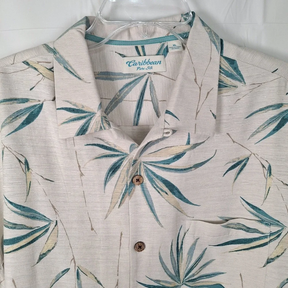 Caribbean Pure 100% Silk Hawaiian Shirt Men XL Floral Tropical Palm Short Sleeve - Picture 4 of 6